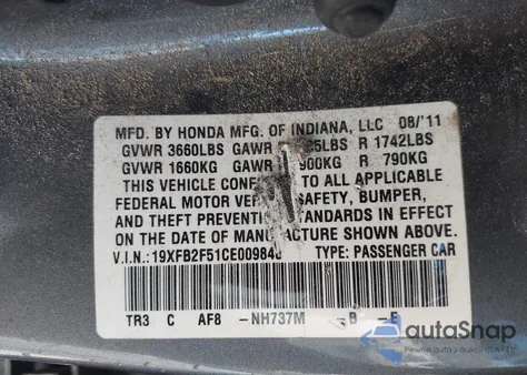 2012 Honda Civic Lx z USA, uszkodzony, nr VIN 19XFB2F51CE009840